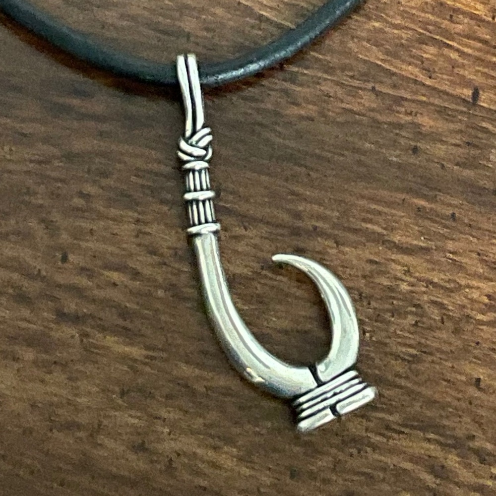 Silver Fish Hook Pendant on Black Leather Necklace